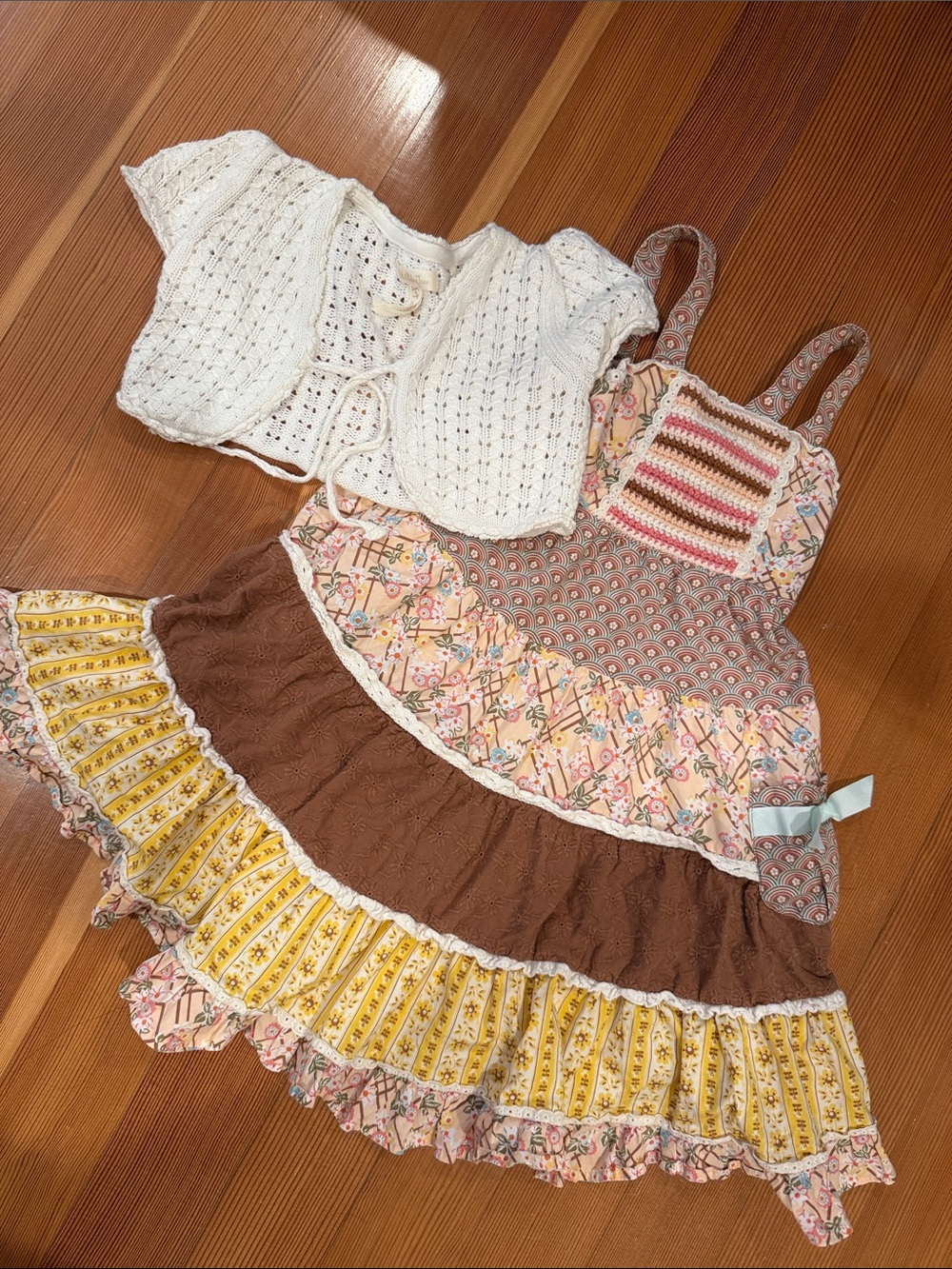 Matilda Jane Girls Layered Floral & Crochet Dress in Cream, Brown, Yellow, Pink